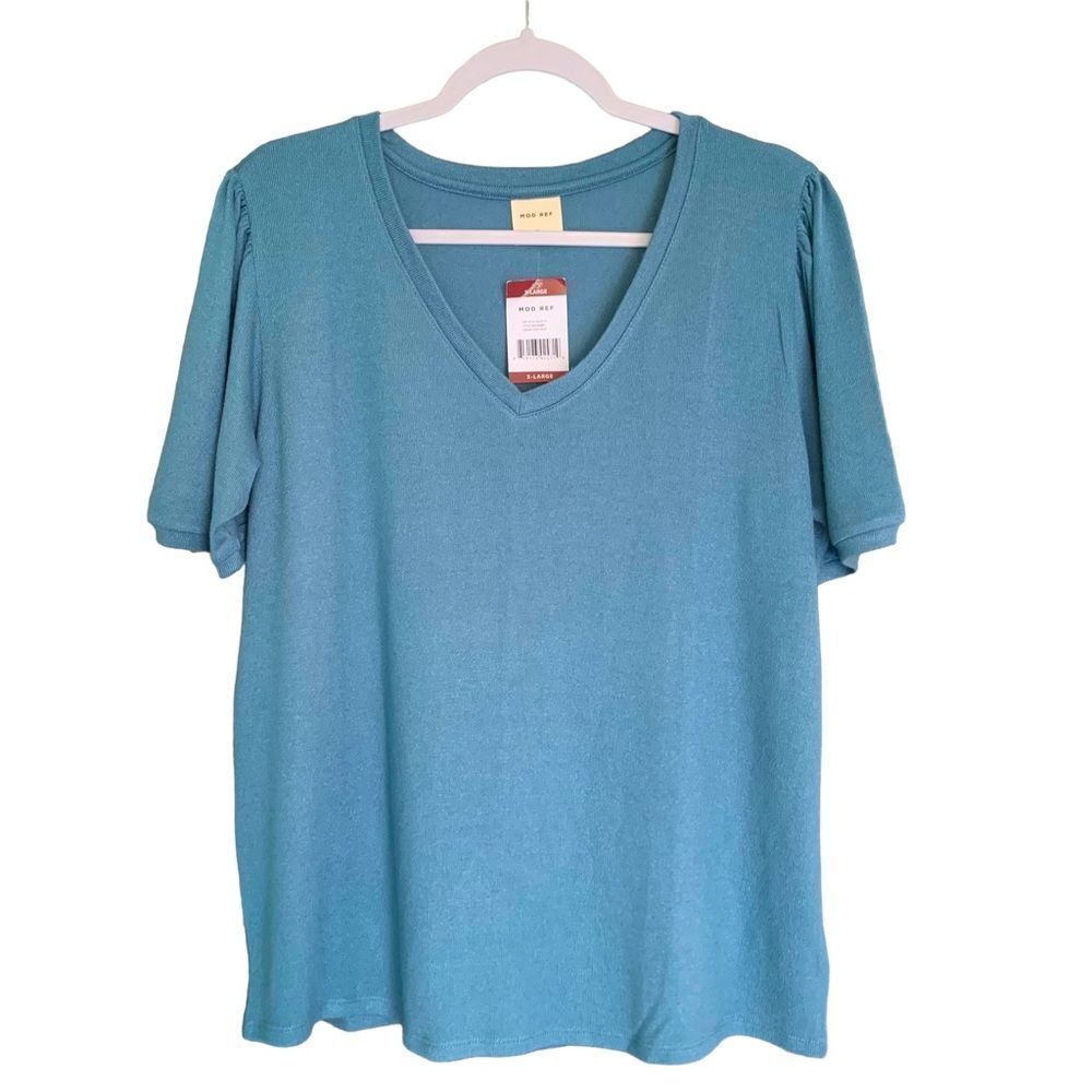 Mod Ref Women’s Contemporary V-Neck Puff Short Sleeve Blue Blouse Size XL NWT